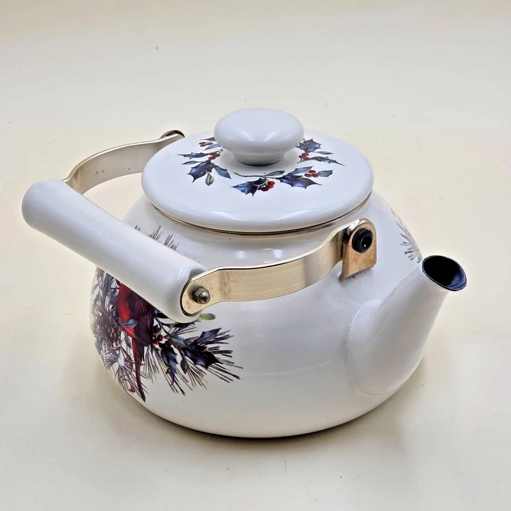 Lenox Winter Greetings Cardinal Enamel Tea Kettle 2.5 Qt Catherine McClung *RUST